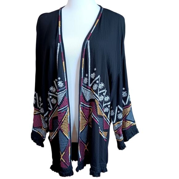 KNOX ROSE Artsy Embroidered Kimono Duster Cardigan Jacket XS Fringe‎ Open Front - Picture 1 of 9